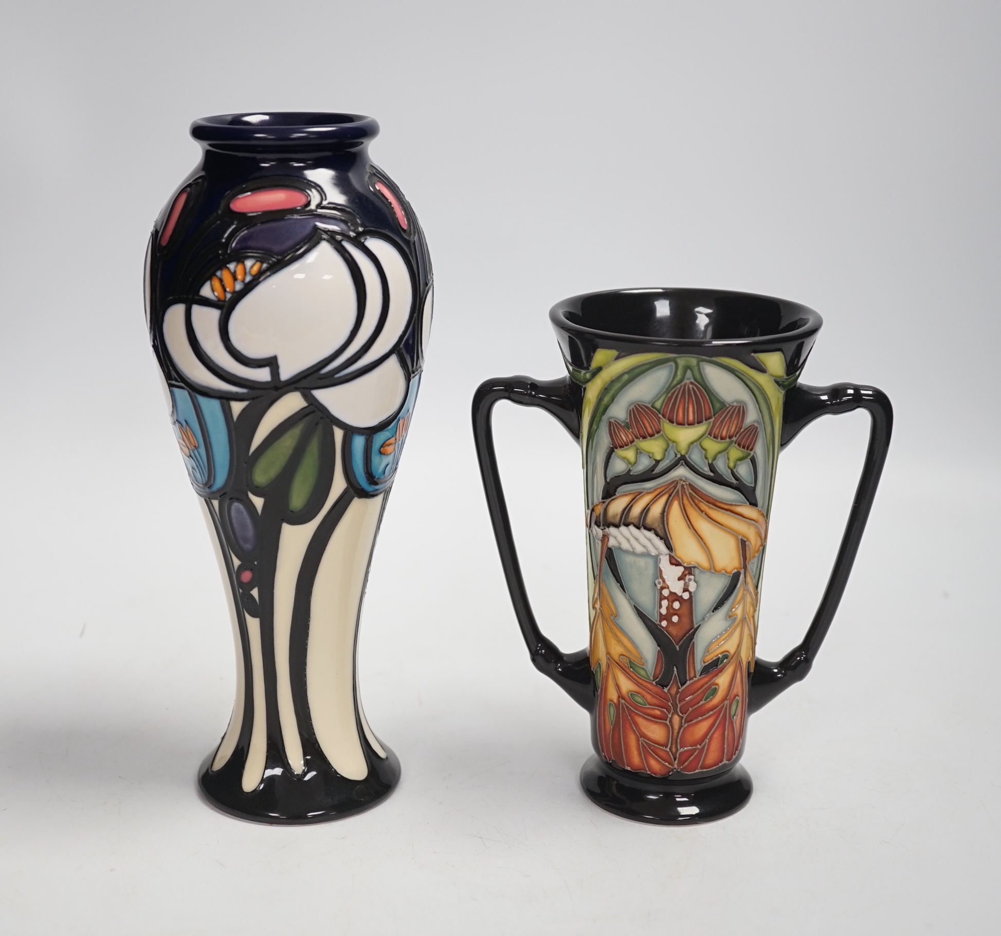 A rare Moorcroft Collector's Club limited edition two handled mushroom and autumn leaf pattern vase by V. Ward? and a ‘Sea Holly’ vase by Emma Bossons, tallest 21cm